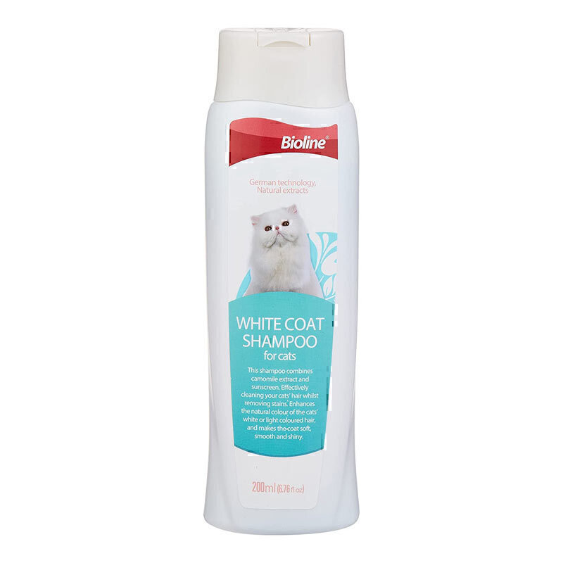 شامپو گربه بایولاین مناسب برای موهای سفید با عصاره بابونه Bioline White Coat Shampoo حجم 200 میلی‌لیتر
