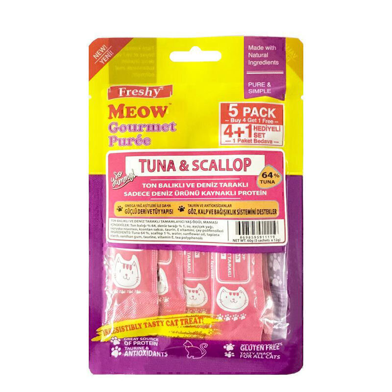 بستنی گربه با طعم ماهی تن و گوش ماهی فرشی Freshy Puree Tuna & Scallop بسته 5 عددی