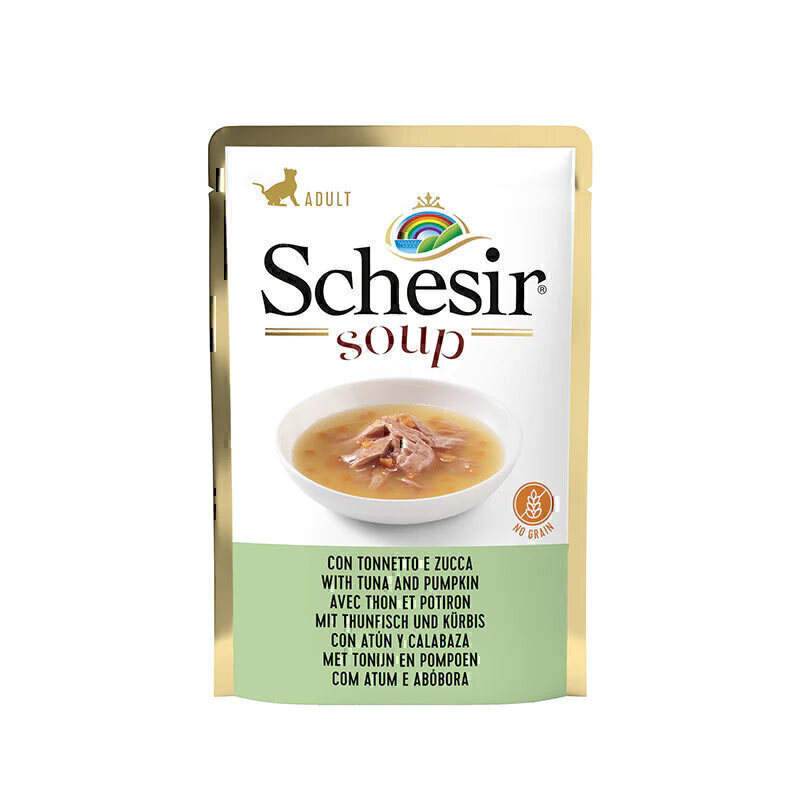پوچ گربه شسیر با طعم ماهی تن وحشی و کدو تنبل در سوپ Schesir Wild Tuna And Pumpkin In Soup وزن 85 گرم