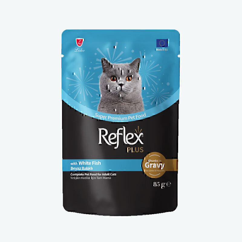 پوچ گربه رفلکس پلاس با طعم ماهی سفید در سس Reflex Plus Chunks In Gravy With White Fish وزن 85 گرم