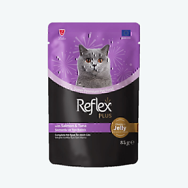 پوچ گربه رفلکس پلاس با طعم ماهی سالمون و تن در ژله Reflex Plus Chunks In Jelly With Salmon & Tuna وزن 85 گرم