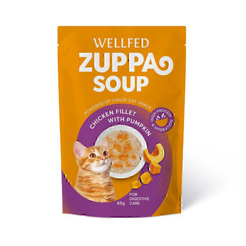 سوپ گربه ولفد با طعم تکه های مرغ با کدو WellFed Chicken Fillet And Pumpkin Soup وزن 85 گرم
