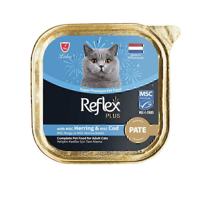 غذای کاسه ای گربه رفلکس پلاس پته با طعم شاه ماهی و ماهی کاد Reflex Plus Pate Cat Food With Herring & Cod وزن ۸۵ گرم